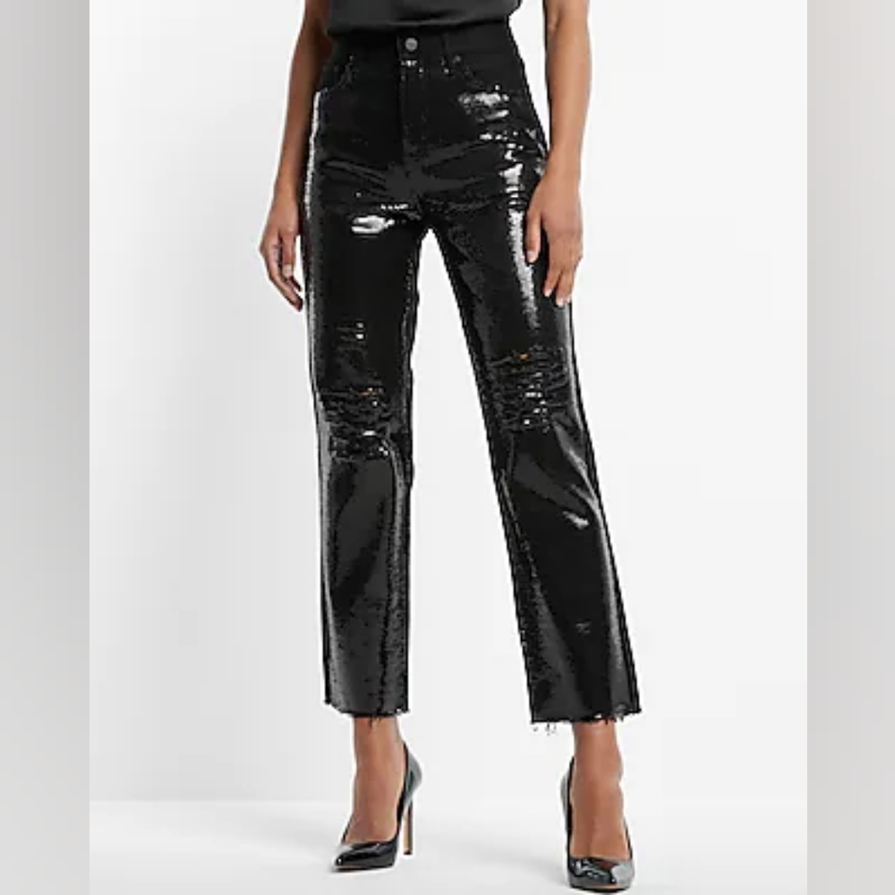 NWT Express High Waisted Sequin Front Ripped Raw Hem Straight Ankle Jeans